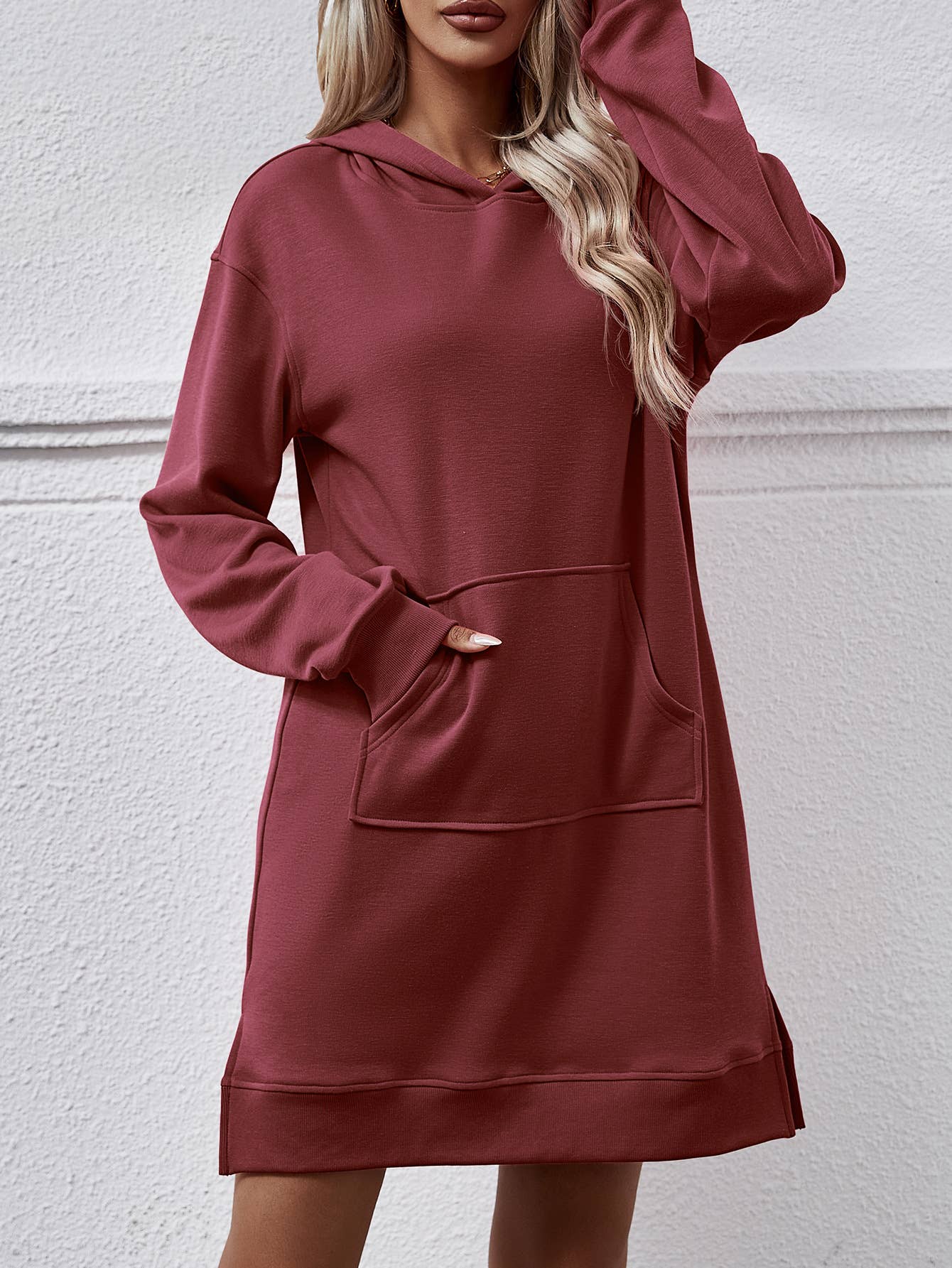 Hooded long-sleeved kangaroo pocket split dress