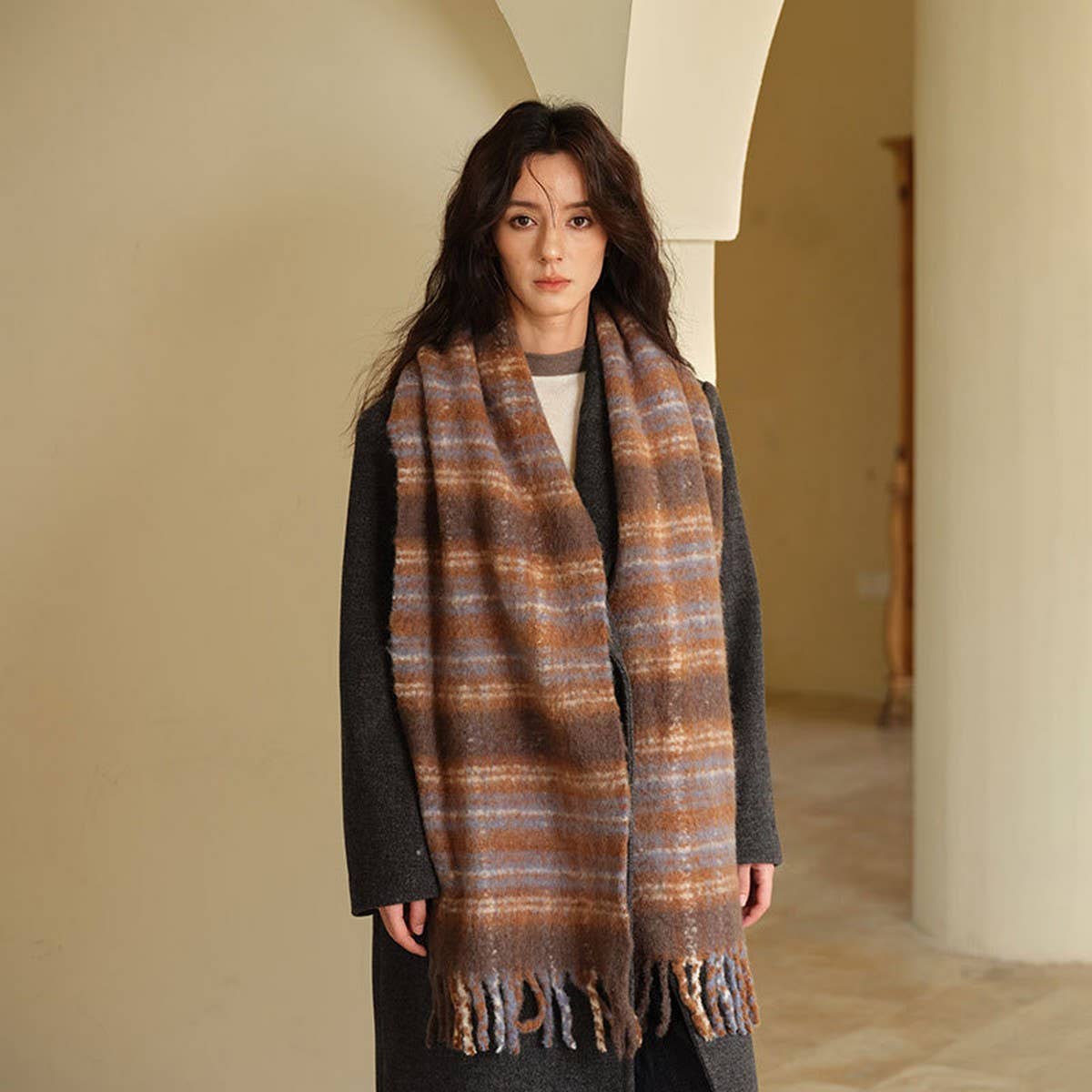 High-Quality Wool Blend Plaid Scarf for Women