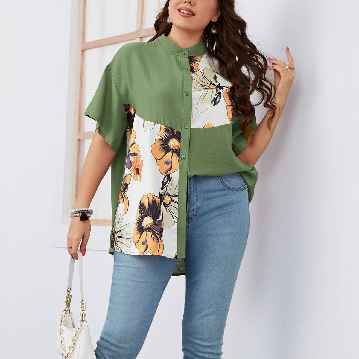 Plus-Size Floral Color Shirt For Women_Cwtsts0392