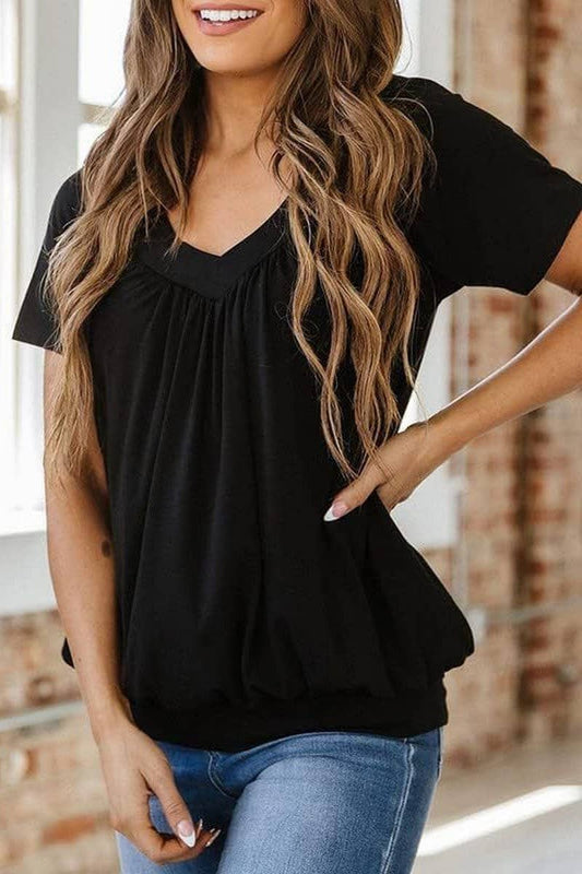 Cwtbls1820_Summer New V-Neck Pleated Loose T-Shirt