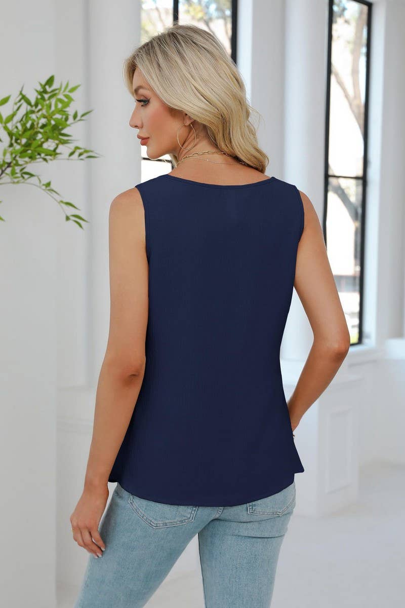 Cwtblsl0968_Solid Pleated V-Neck Chiffon Tank Top