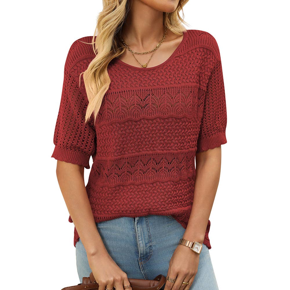 Round-neck hollowed-out knitted crochet top
