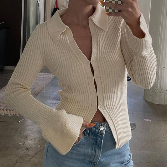 Flared sleeve sexy solid color sweater