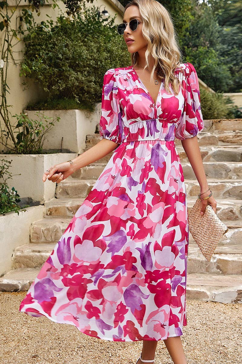 TEMPERAMENT WAIST V NECK PRINTED DRESS_CWDSD2401