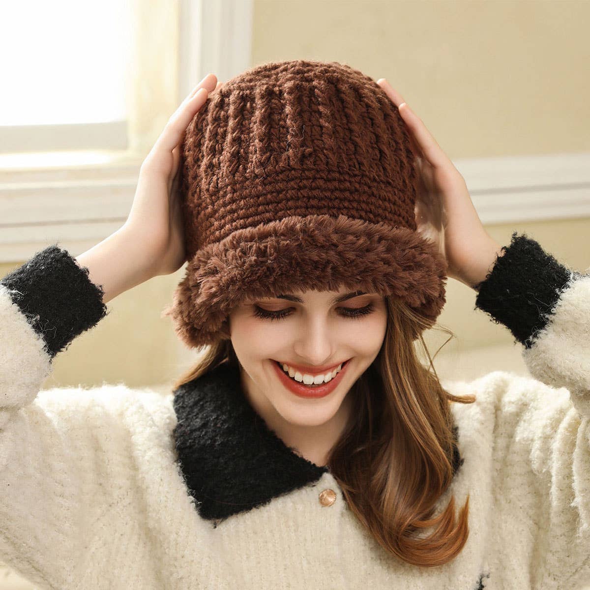 PLUSH-FUZZY KNIT BUCKET HAT WITH EAR COVERAGE_CWAH1979