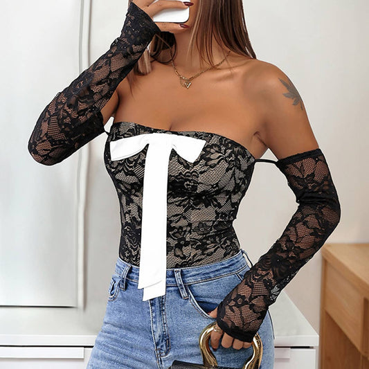 One-line shoulder lace color matching jumpsuit