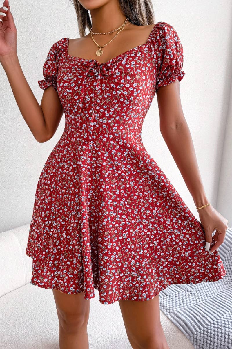 CWDSD4630_CASUAL FLARED SLEEVES FLORAL SWING DRESS