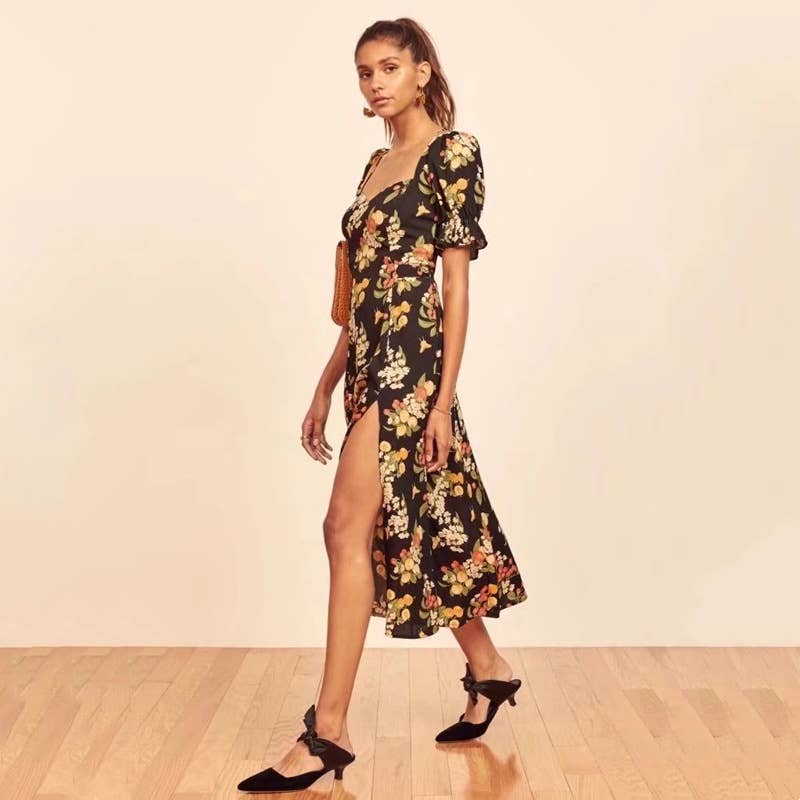 PUFFED SLEEVE V-NECK SQUARE COLLAR SLIT DRESS