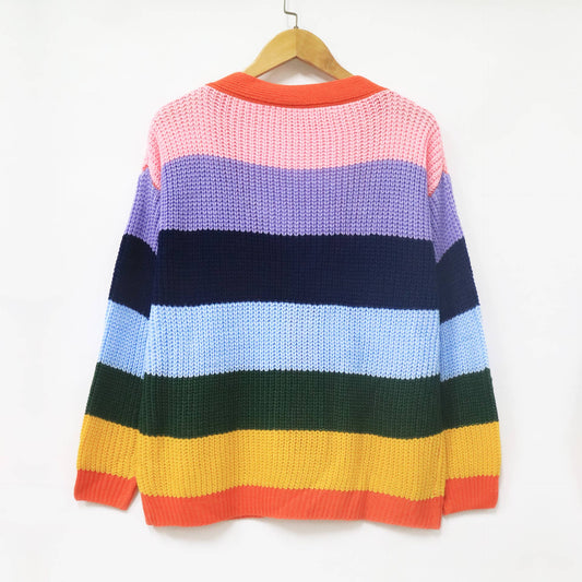 STRIPED CONTRAST COLOR SINGLE BREASTED CARDIGAN