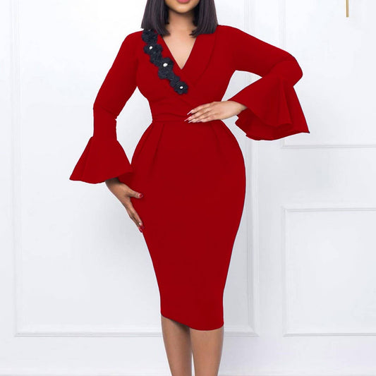V-NECK ELEGANT TRUMPET SLEEVE SLIT HIP DRESS
