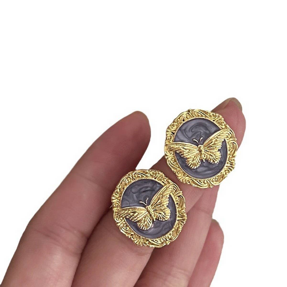 ROUND BUTTERFLY DRIP OIL FRENCH EARRINGS