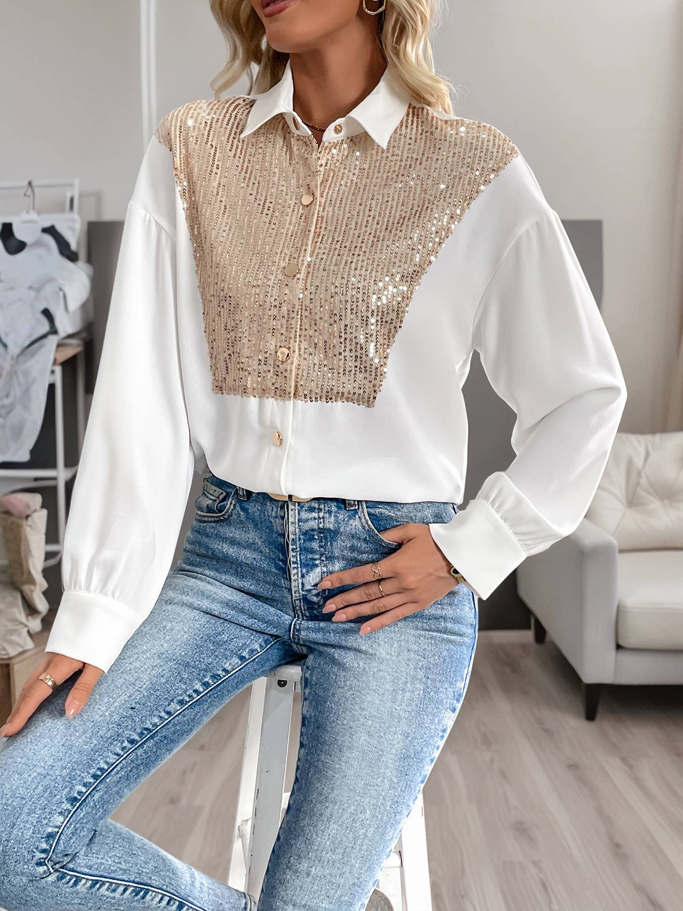 Sequined decorated long-sleeved fashion shirt