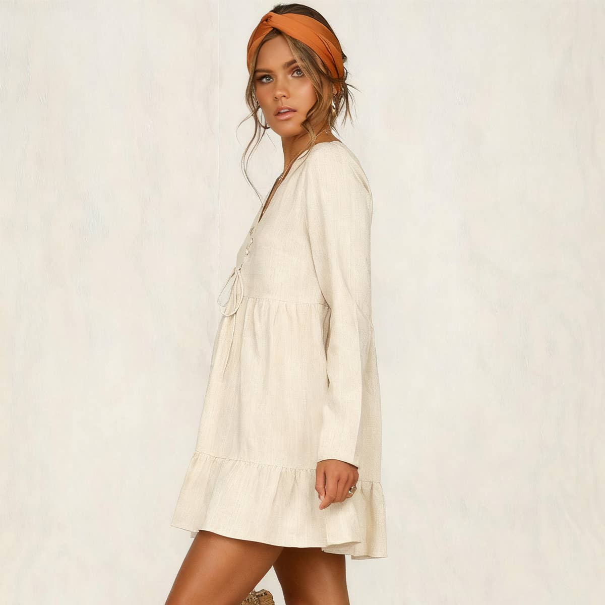 Rivet laced cotton linen long-sleeved dress