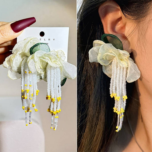Handmade Floral Tassel Earrings Long Statement