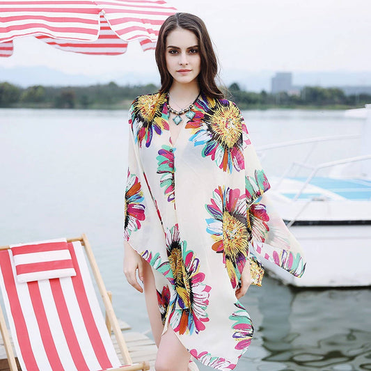 SUNFLOWER PRINT FRONT OPEN KIMONO FOR SUMMER