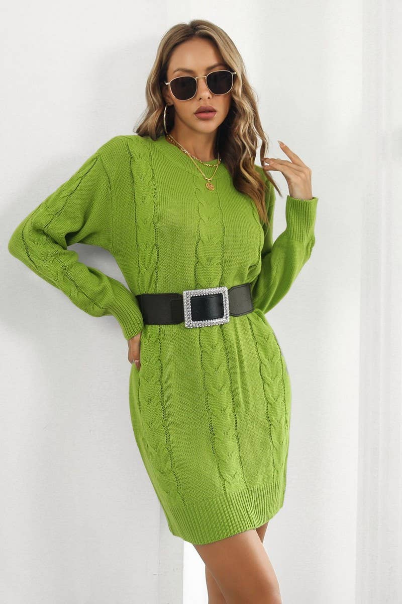 CWDSD7335_CASUAL LOOSE CABLE KNITTED LONG SLEEVE DRESS