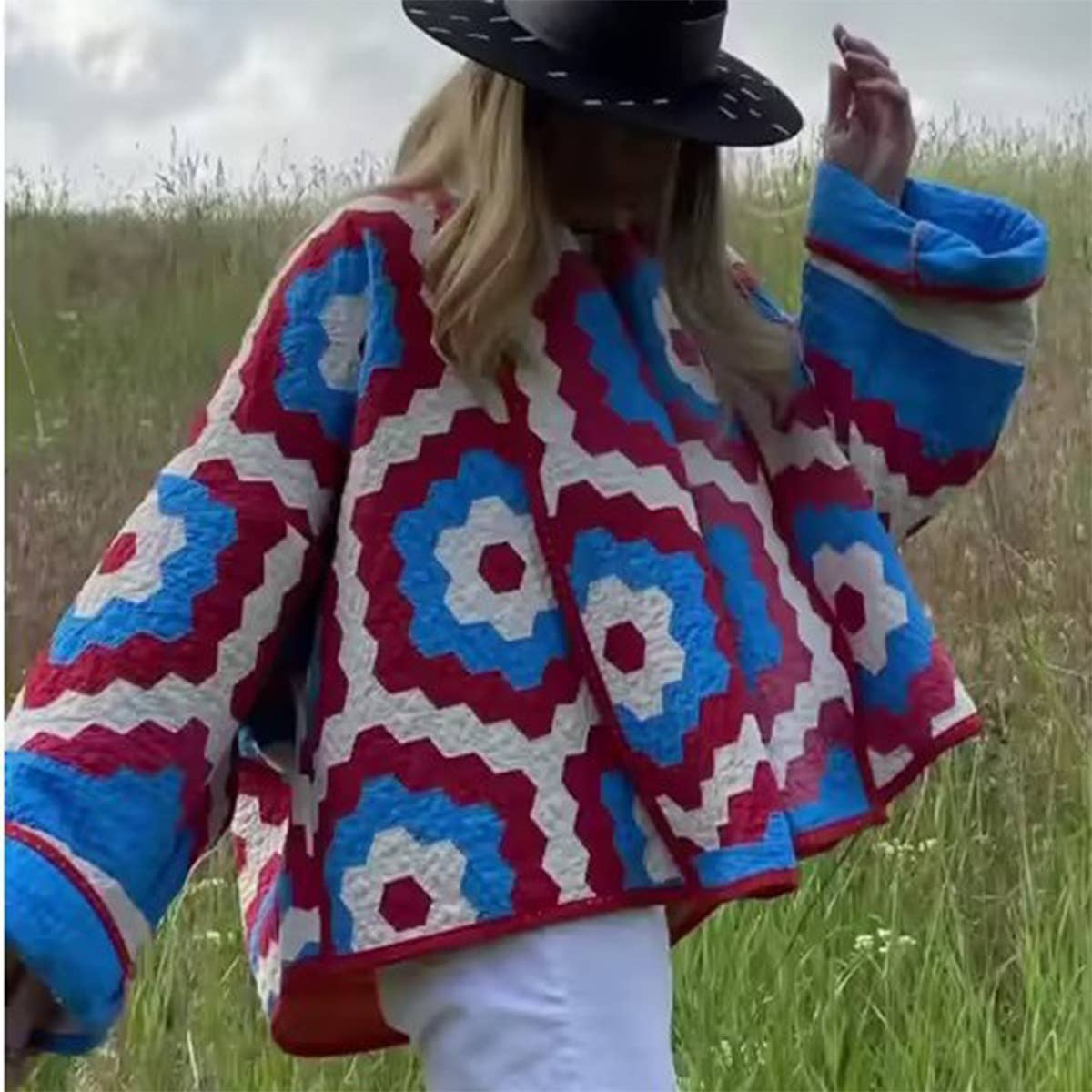 Patchwork Cotton Geometric Print Loose Jacket