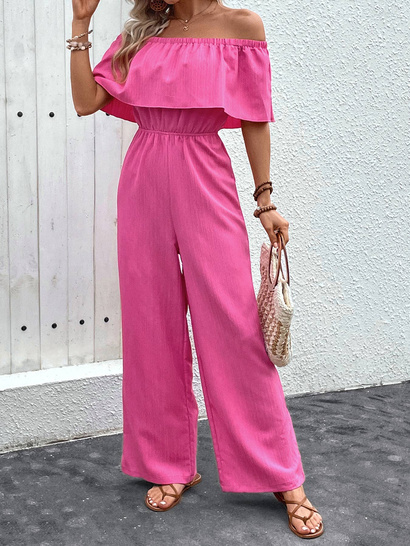 WIDE-LEG ONE-SHOULDER SOLID COLOR PANT JUMPSUIT