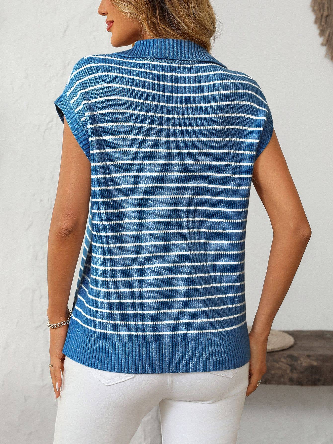 V-neck casual striped lapel knitted sweater