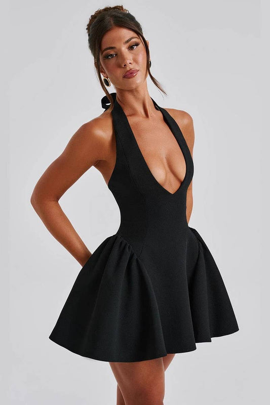 CWDSD8120_SOLID HALTER DEEP V NECK SLEEVELESS BODYCON DRESS