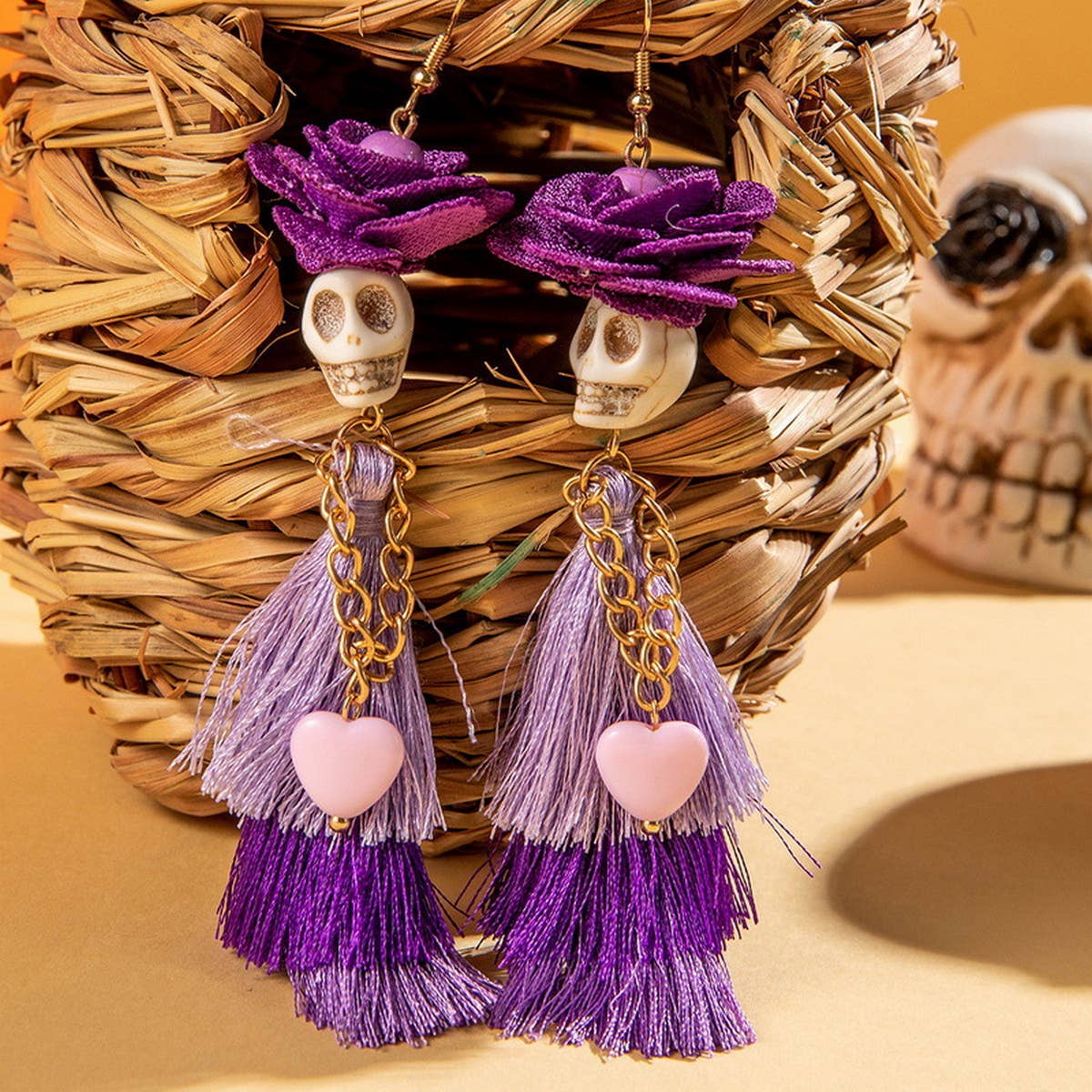 HALLOWEEN SKULL TASSEL RICE BEAD EARRINGS