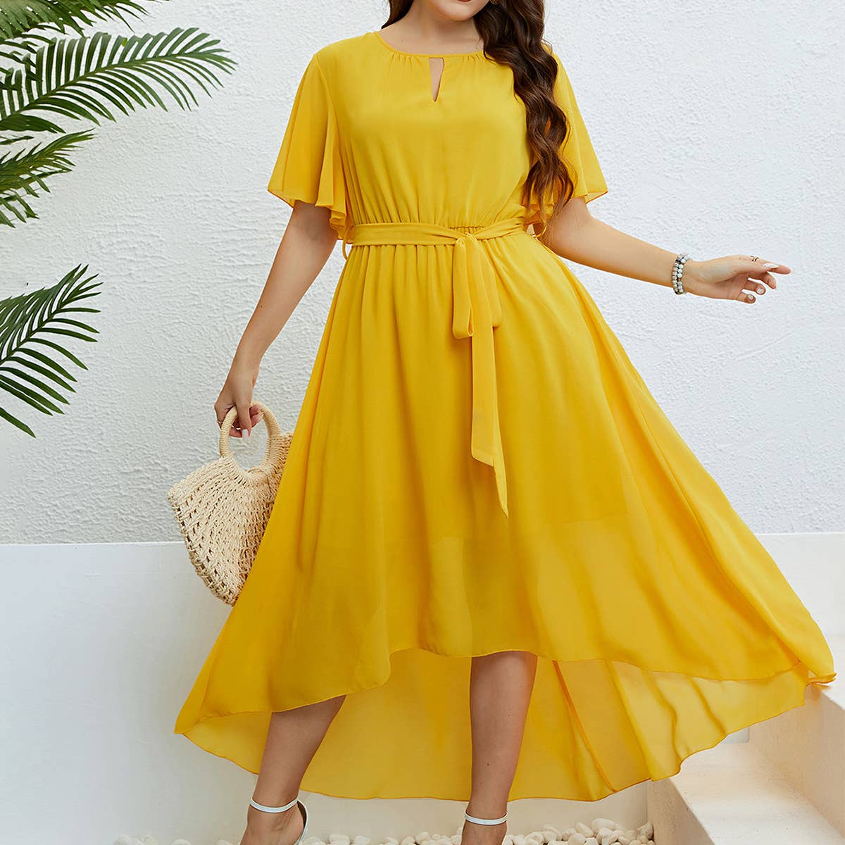 Yellow V neck tie waist up dress_CWDMD1491