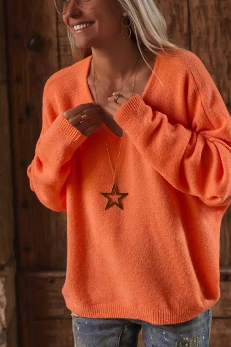 CWOSWL07455_DEEP V NECK PULLOVER LOOSE KNIT SWEATER