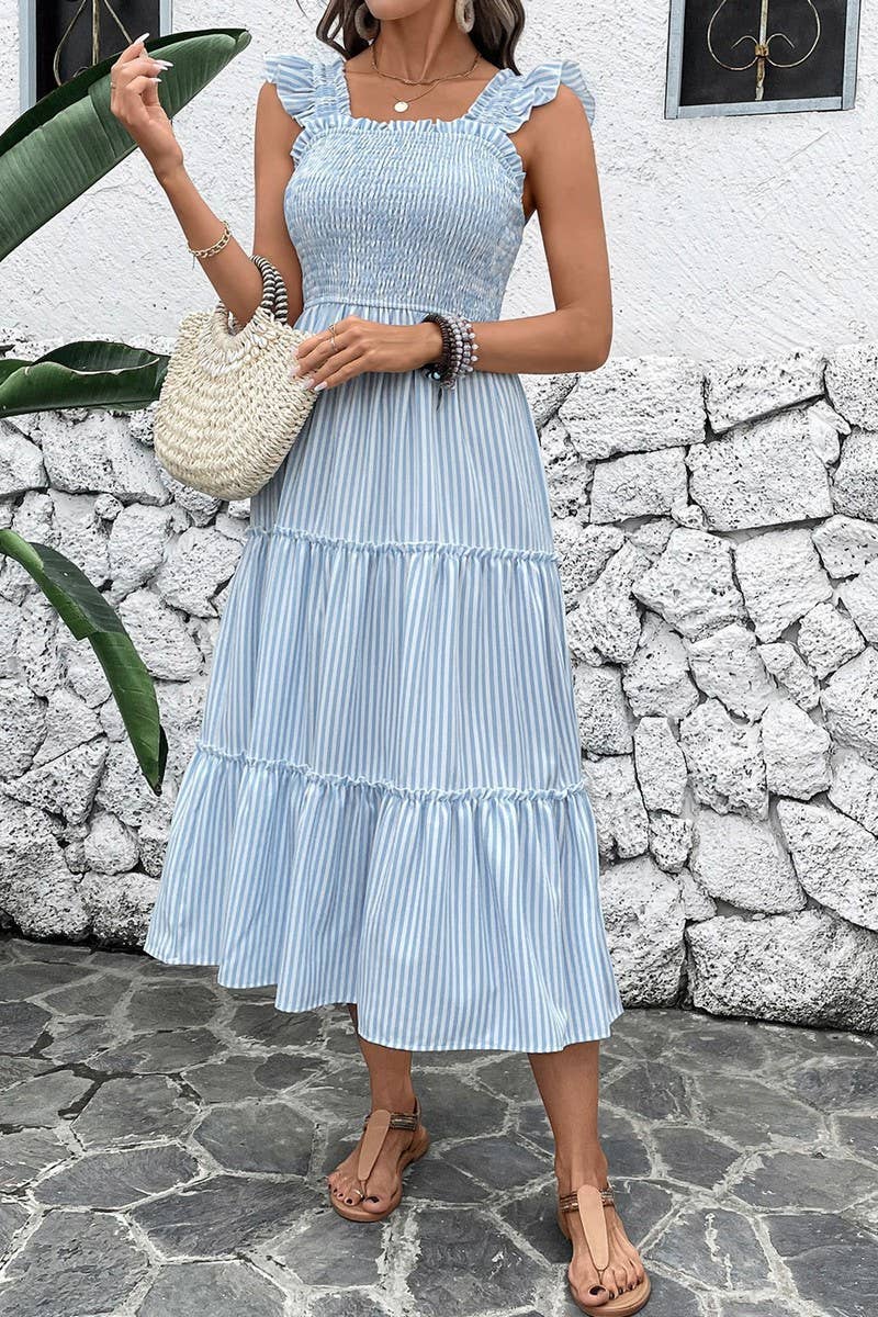CWDMD5322_BACKLESS STRIPED RUFFLE HEM VACATION SUNDRESS