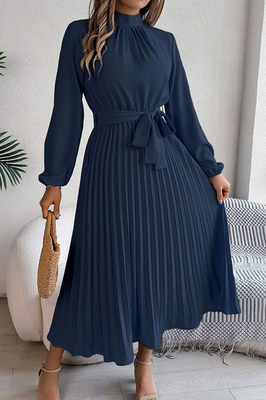 CWDMD3430_TIE STAND COLLAR PLEATED MAXI DRESS