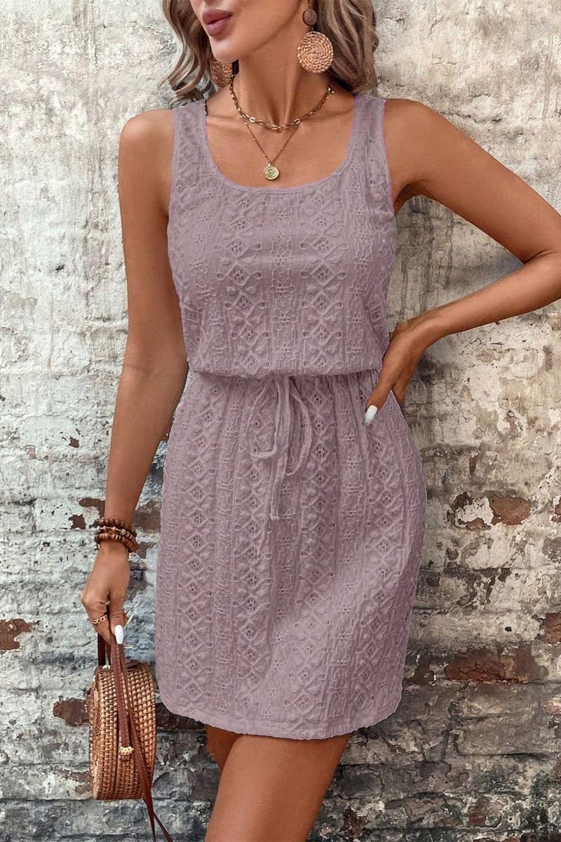 CWDMD4645_SQUARE NECK DRAWSTRING SLEEVELESS DRESS