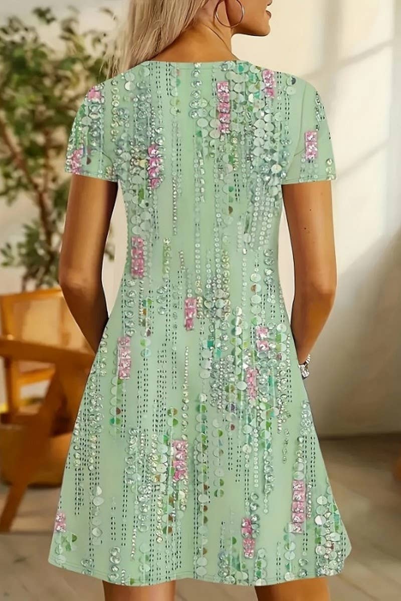 CWDSD10875_CASUAL V-NECK PRINTED SHORT-SLEEVED DRESS