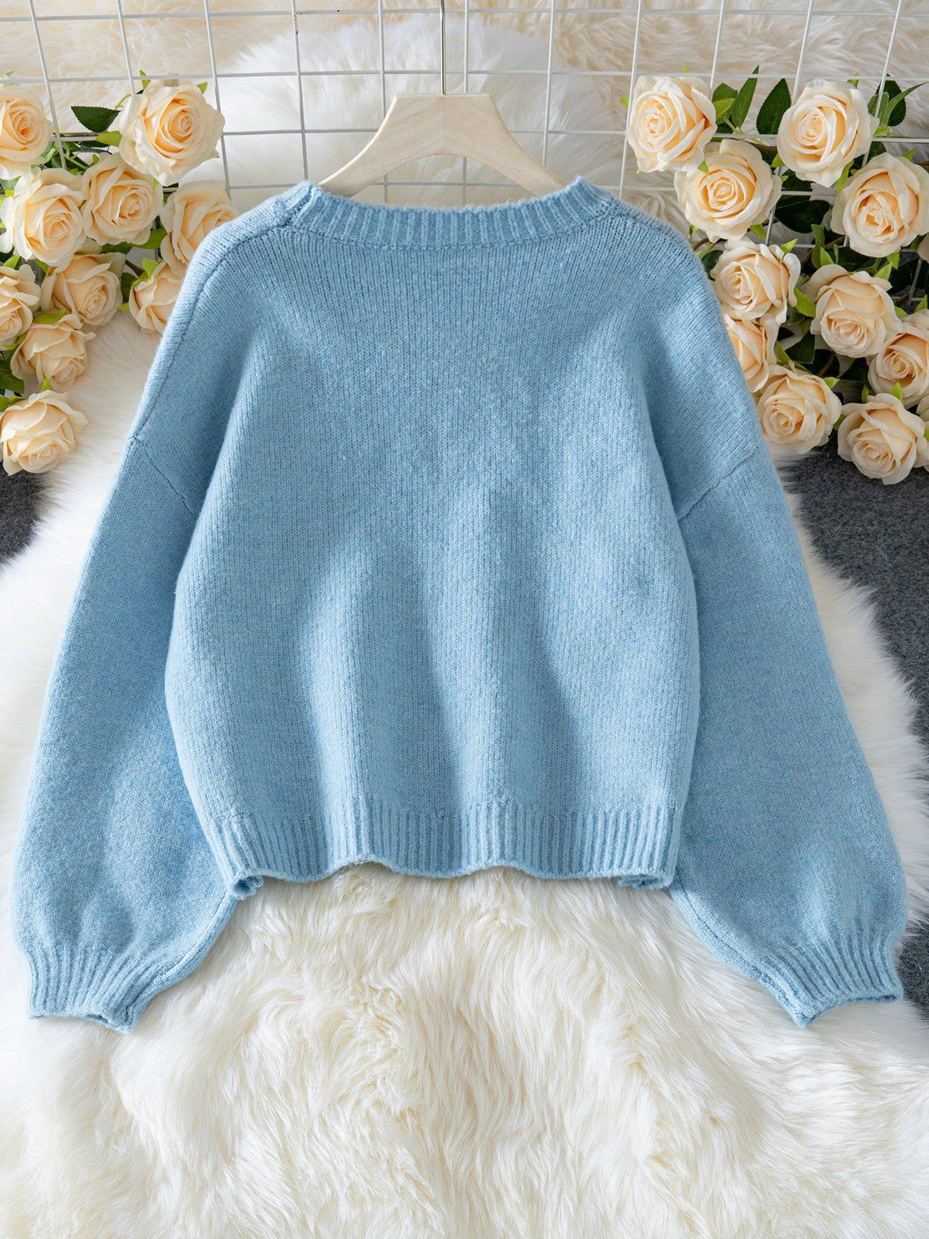 Lantern sleeve pullover solid-color knit sweater