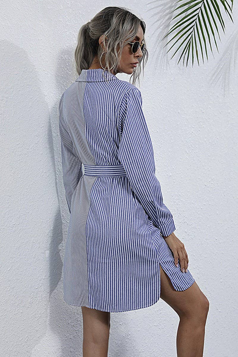 LONG SLEEVED LACE UP STRIPED SHIRT DRESS_CWDMD0979