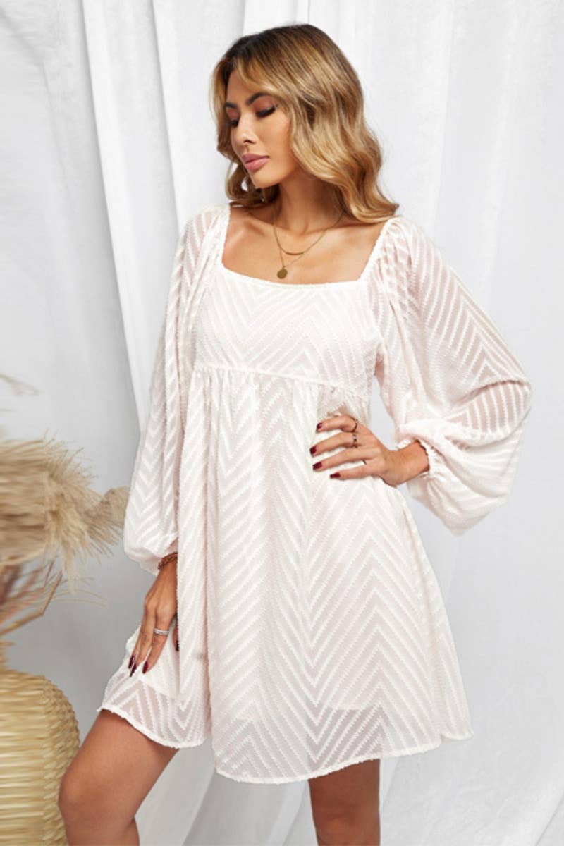 CWDSD6596_JACQUARD SQUARE COLLAR LANTERN SLEEVE DRESS SHORT