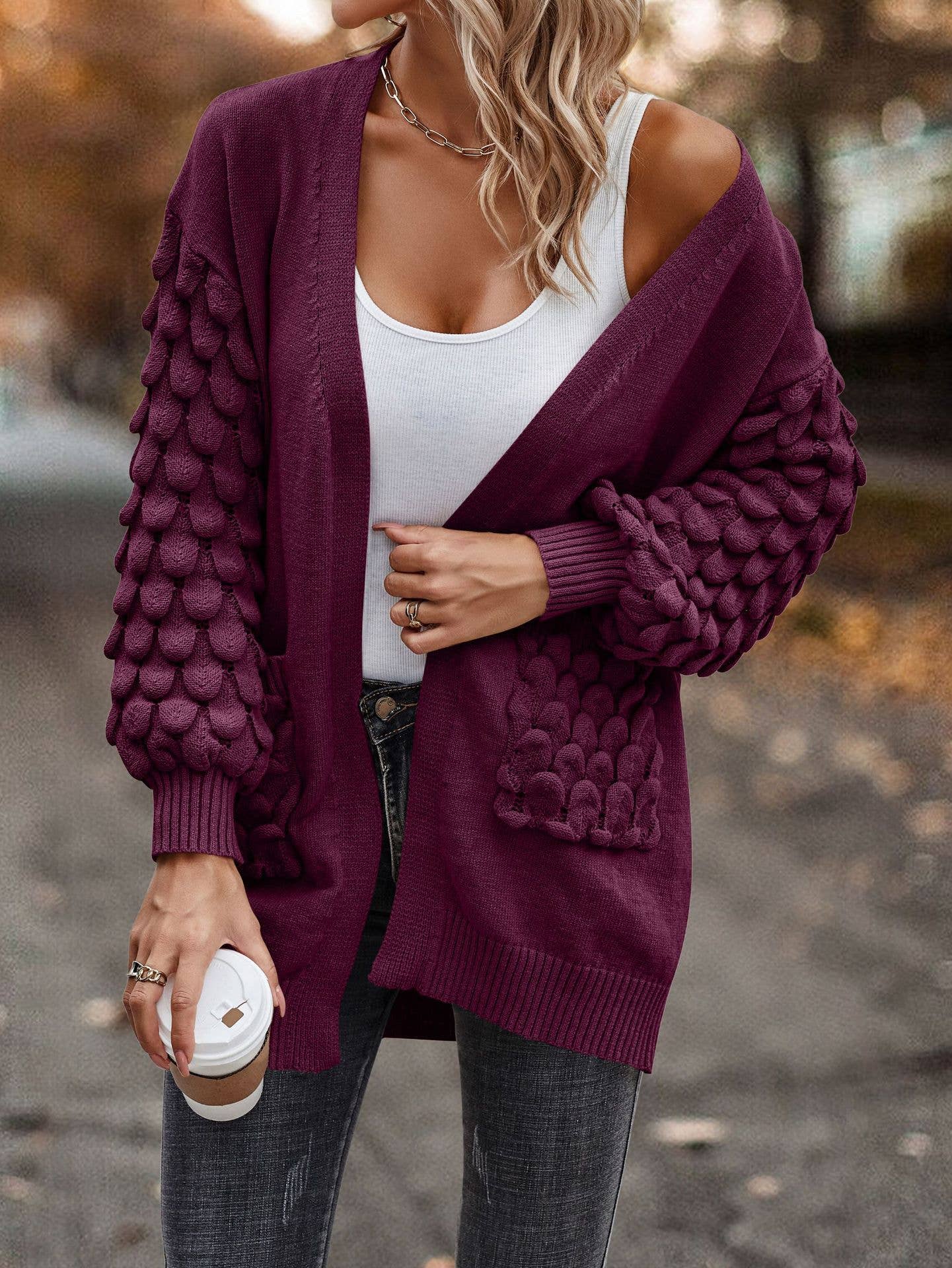 FEATHERED V-NECK LONG SLEEVE KNIT CARDIGAN