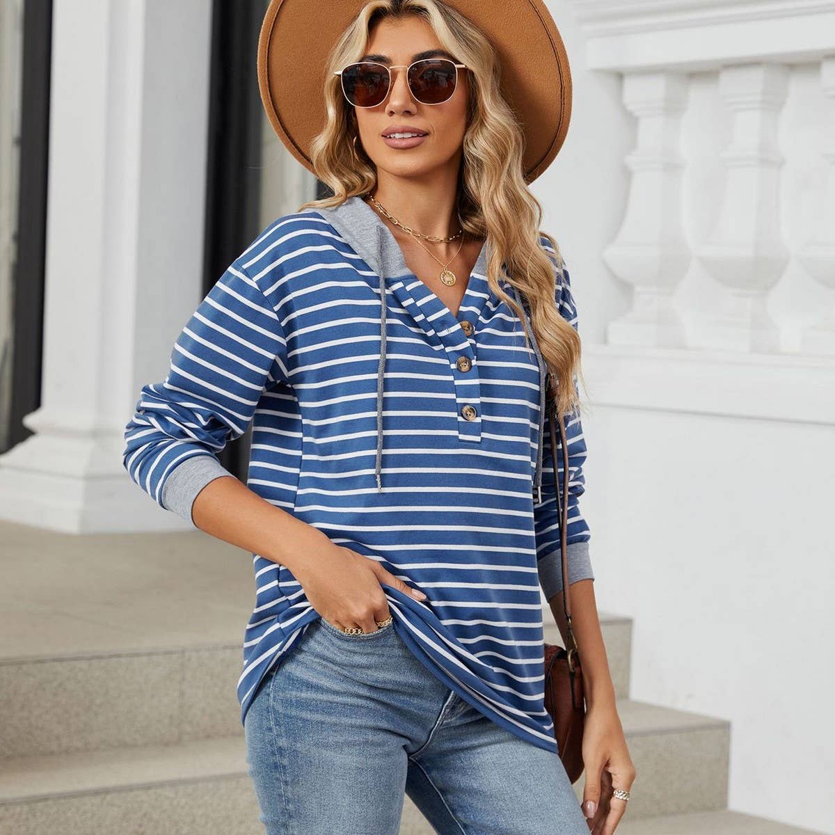 Hooded button drawstring long-sleeved hoodie