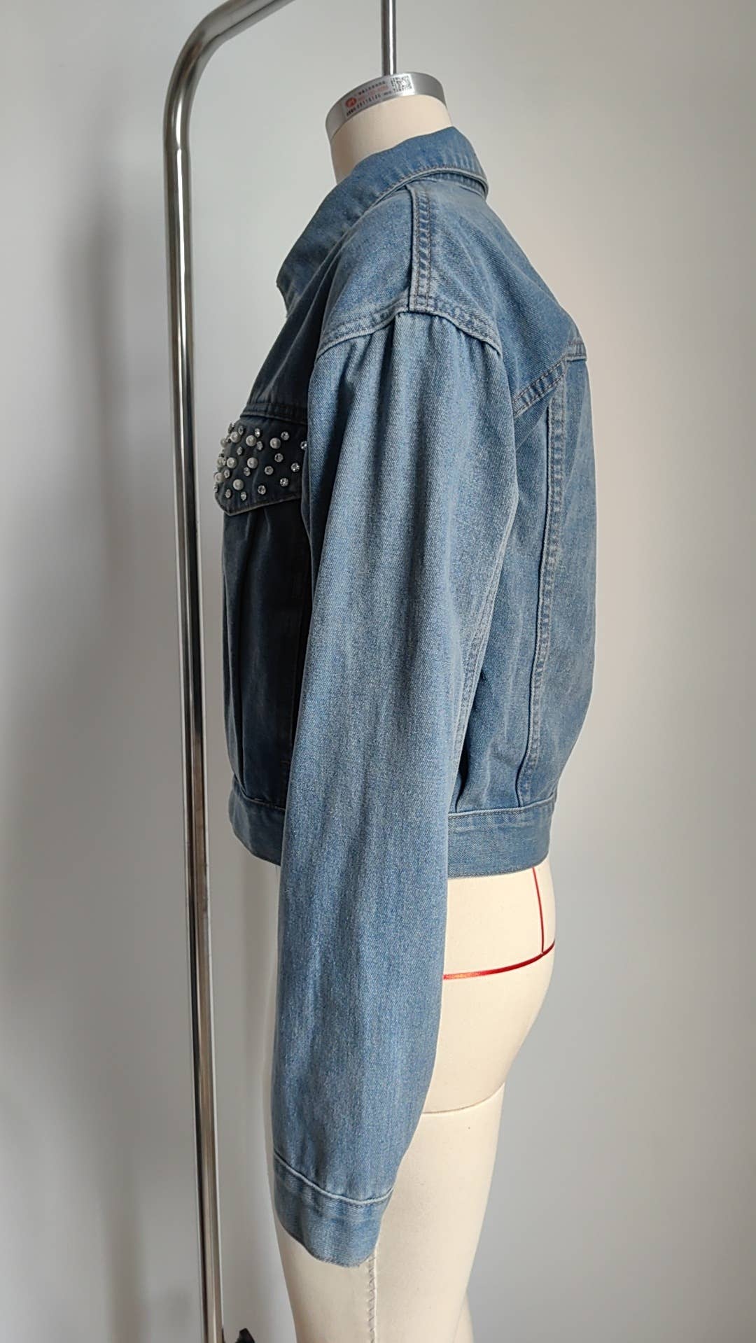 Washed vintage diamond-encrusted denim jacket