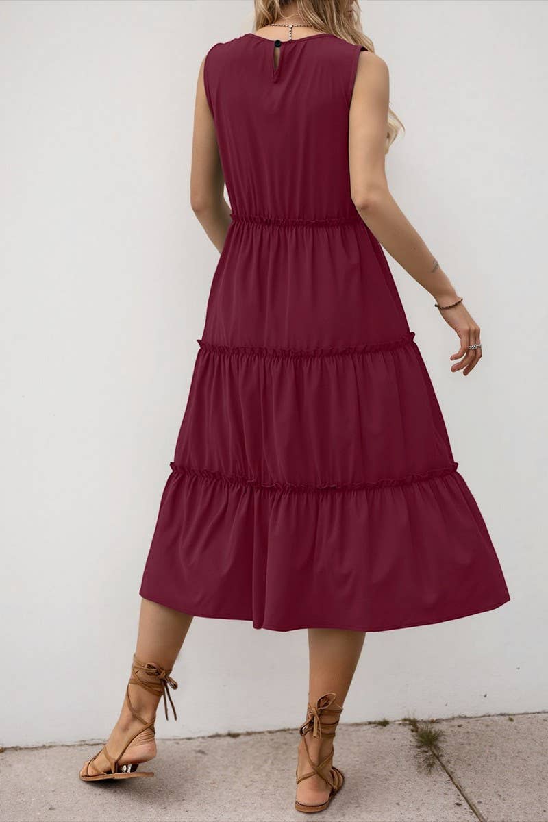 CWDMD5773_SOLID RUFFLED SLEEVELESS PLEATED MIDI DRESS
