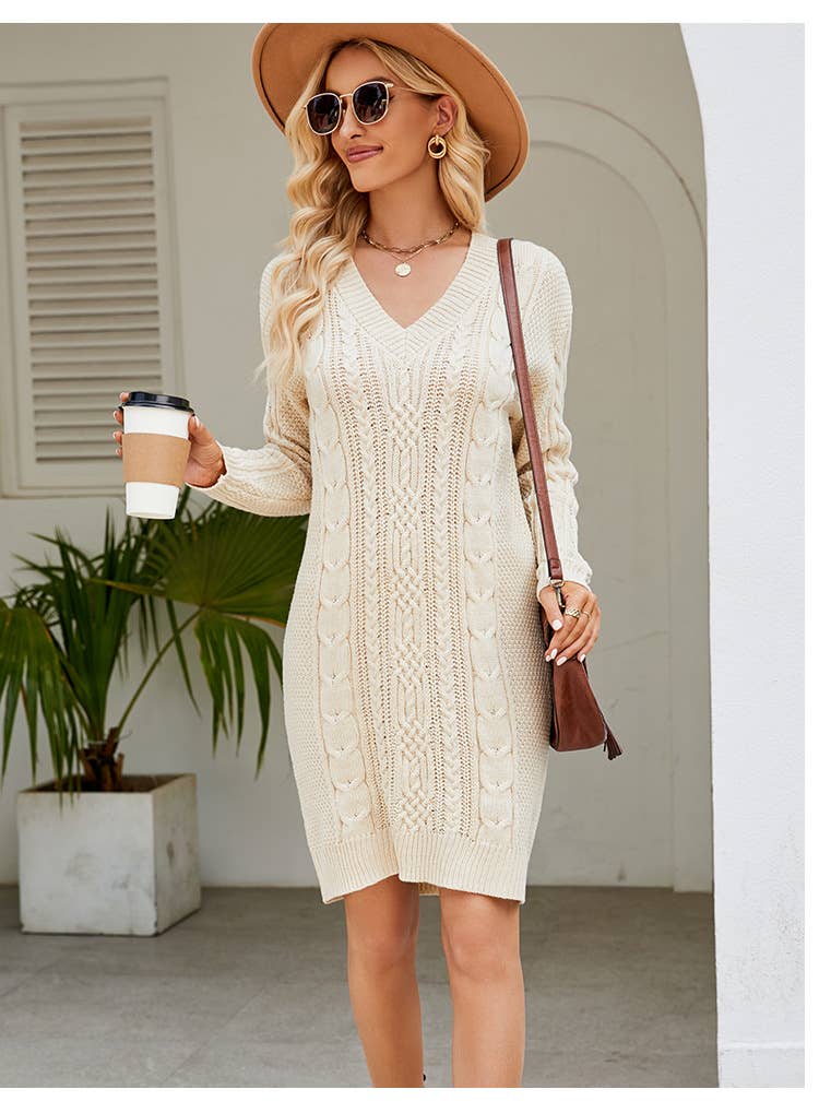 Solid color V-neck floral long sweater dress