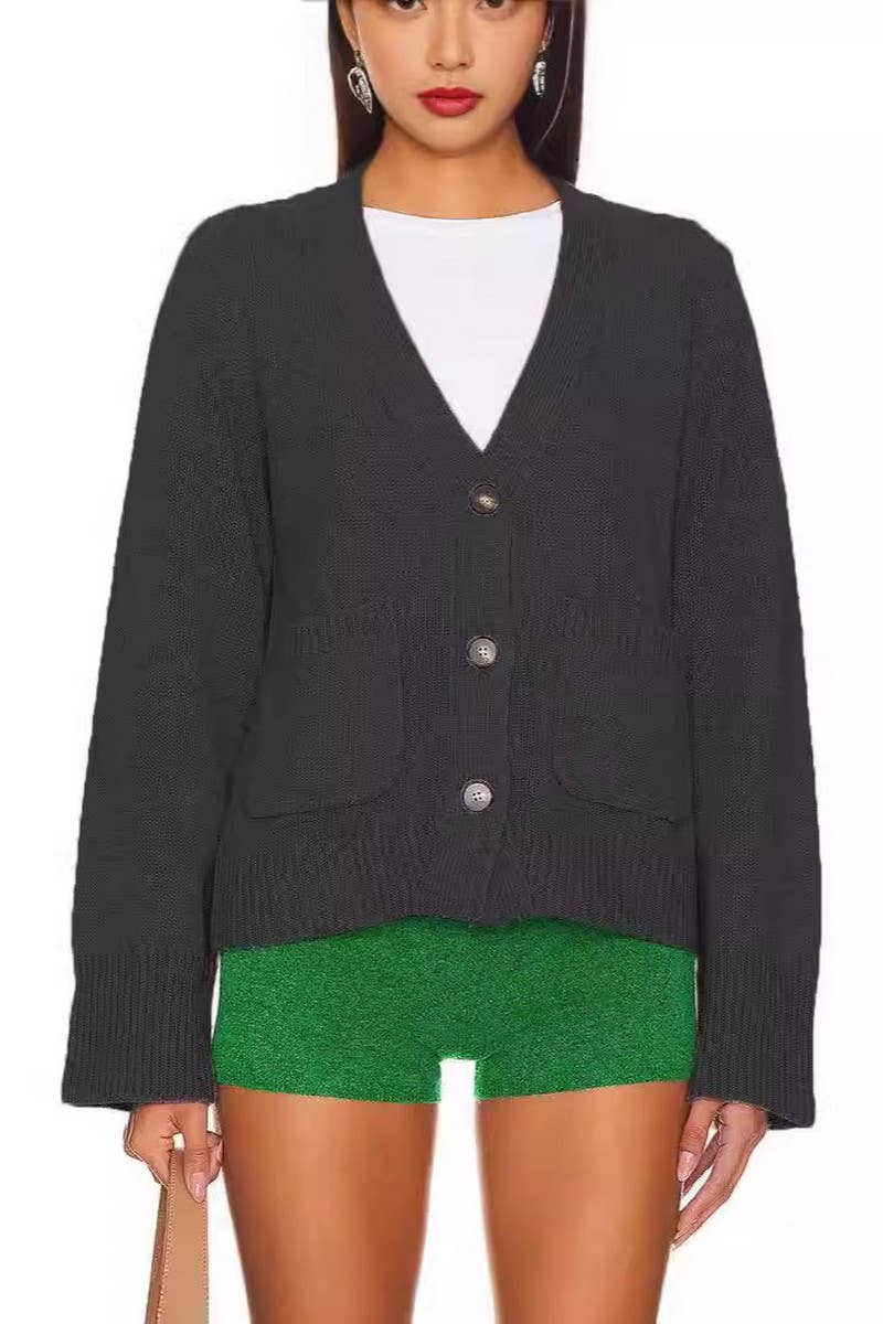 CWOCAL1611_SOLID COLOR V-NECK KNITTED CARDIGAN COATS