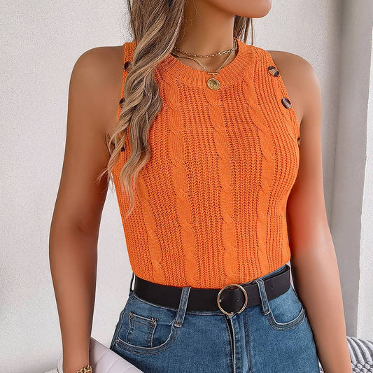 Solid color twist button sleeveless blouse