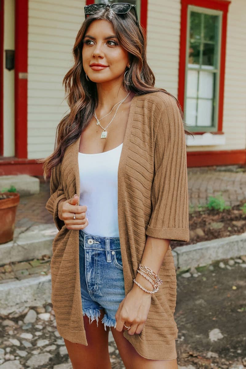 CWOCAS0043_KNIT SOLID COLOR MID-SLEEVE SMOCK CARDIGAN