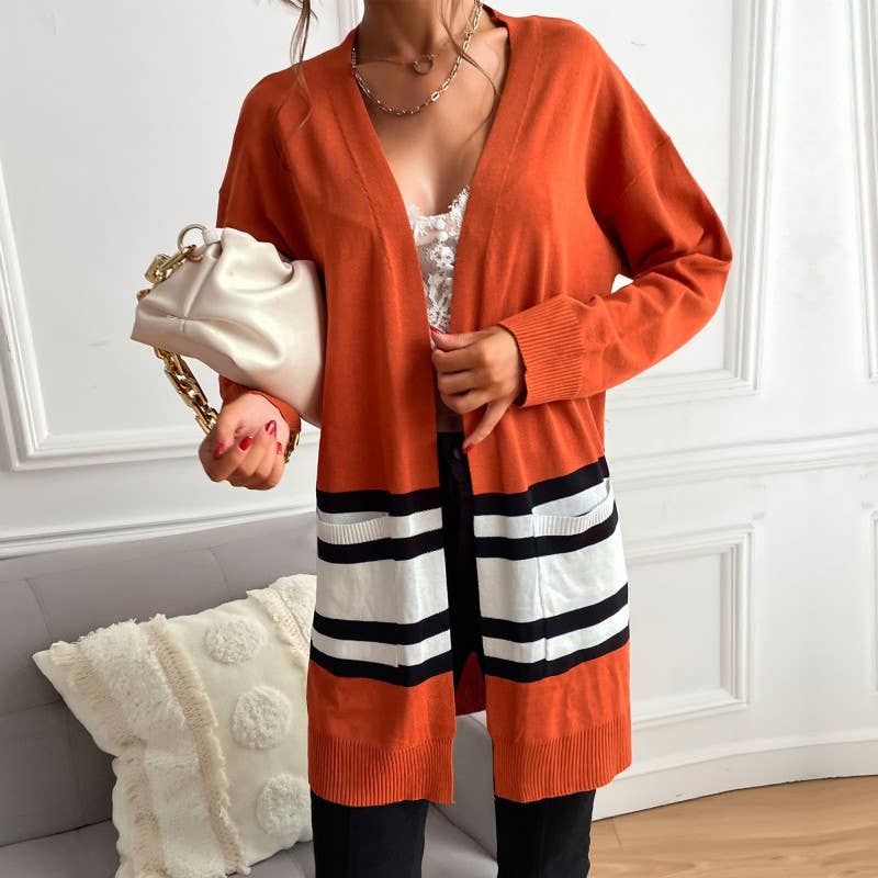 STRIPED CONTRAST COLOR KNIT CARDIGAN CASUAL