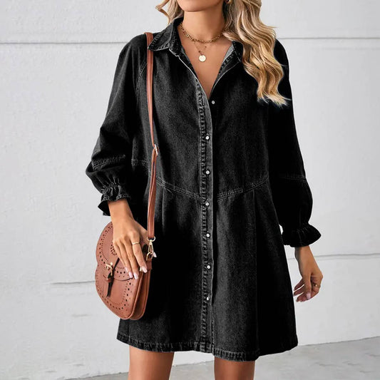 Loose wash long sleeve denim single breasted short dress