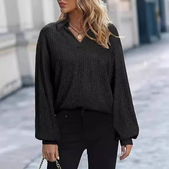 SOLID COLOR LAPEL LOOSE LONG-SLEEVED POLO SHIRT