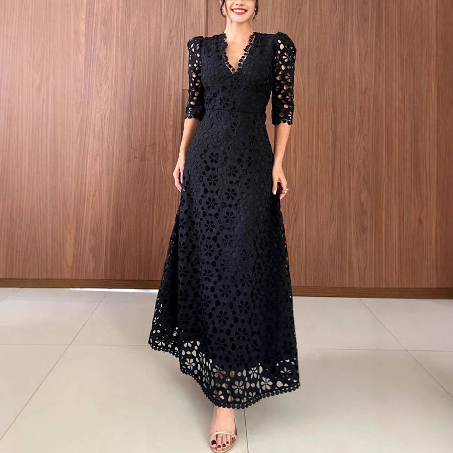 LACE HIGH-WAISTED FIVE-QUARTER SLEEVE V-NECK DRESS