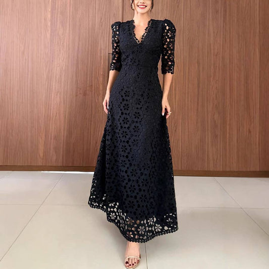 LACE HIGH-WAISTED FIVE-QUARTER SLEEVE V-NECK DRESS