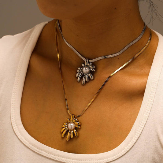 Solid Sunflower Necklace with Pearl Snake Chain_CWMM8879
