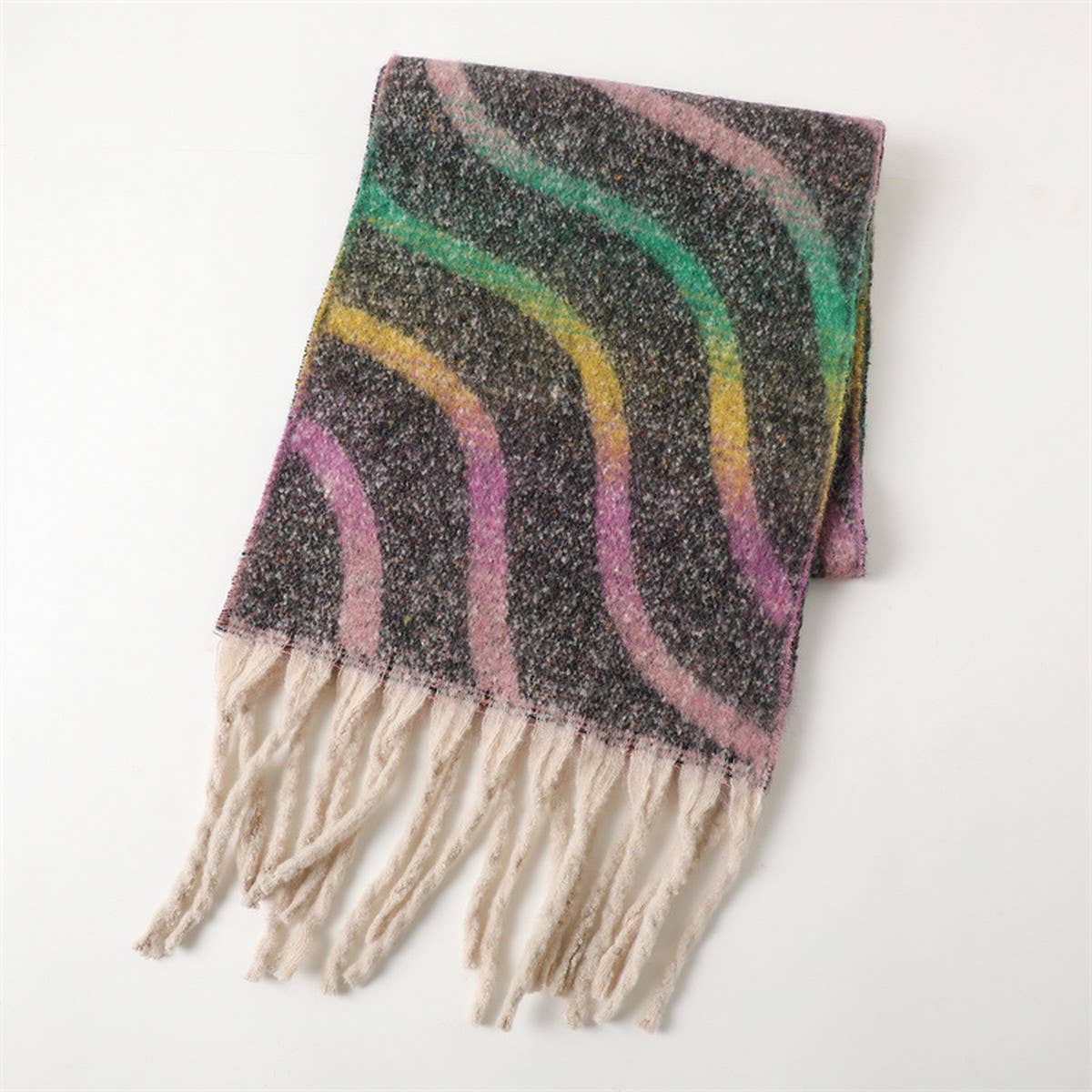 Rainbow Grid Soft Scarf with Fringe Trim_CWASC2775