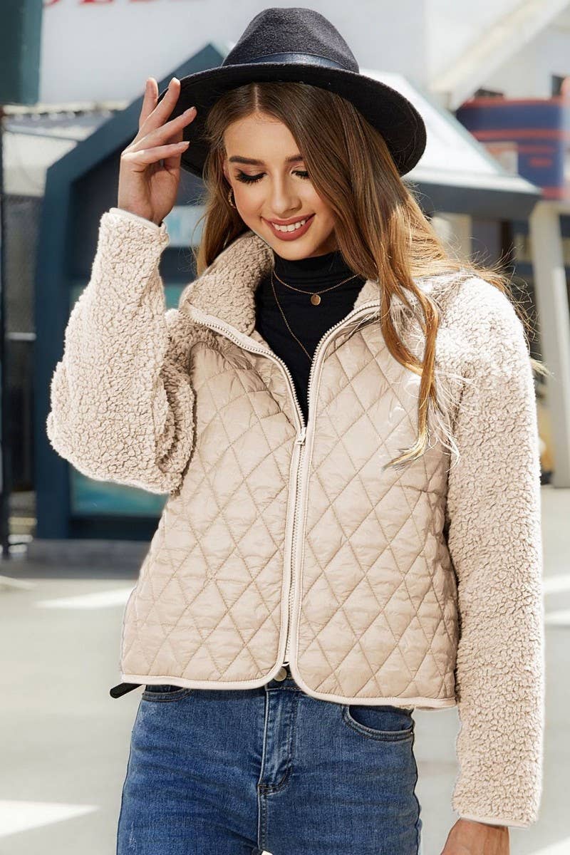 WOMEN HIGH NECK QUILTING ZIP UP FLEECE JACKET_CWOJA0622